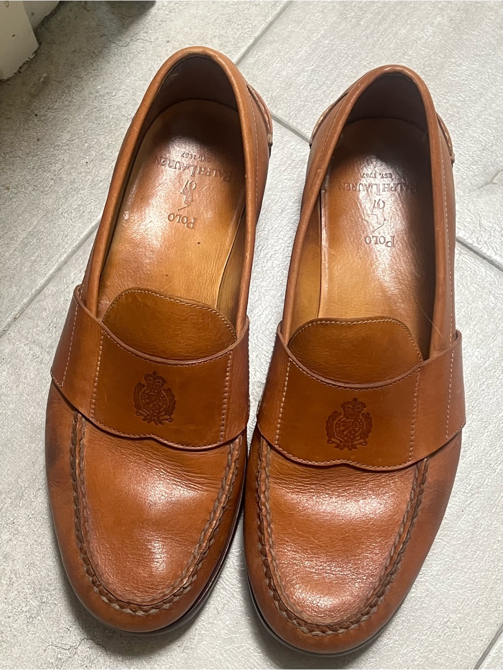 Polo by Ralph Lauren Men’s Cognac Leather Penny Loafers - vintage. 2003